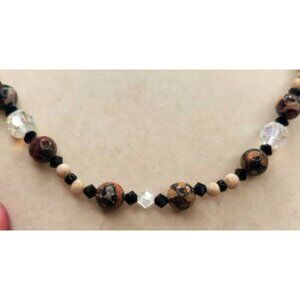 Beaded Necklace Brown, Green, AB Crystal 24"